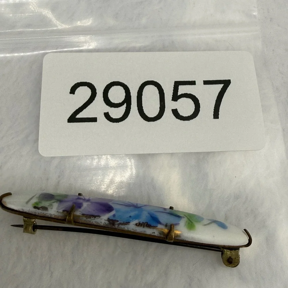 Vintage Victorian Hand Painted Porcelain Bar Brooch Gold Tone White Purple Blue